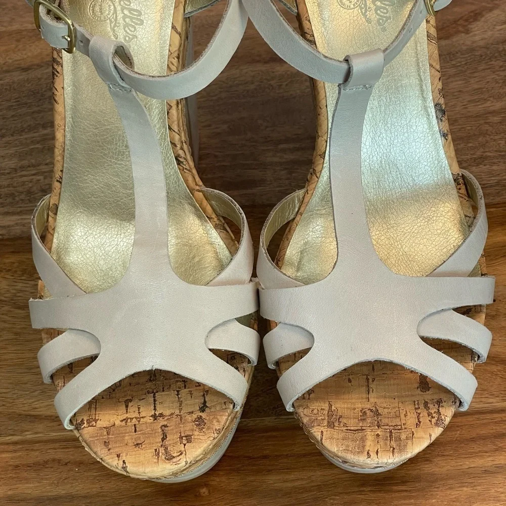 Seychelles Leather Cork T-Strap Platform Heel Strappy Sandals Taupe Off White‎ 9